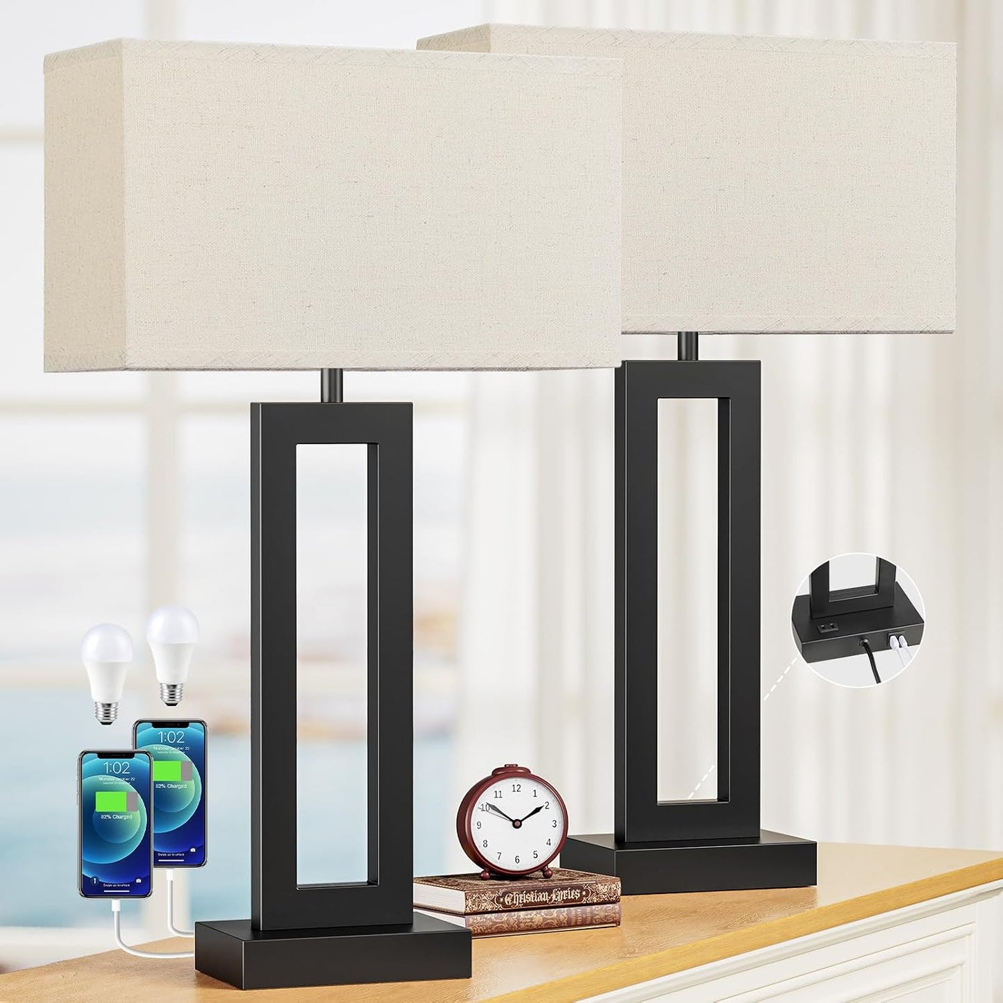 2 Lámparas Mesa Dormitorio 26pulg Control Táctil LED USB