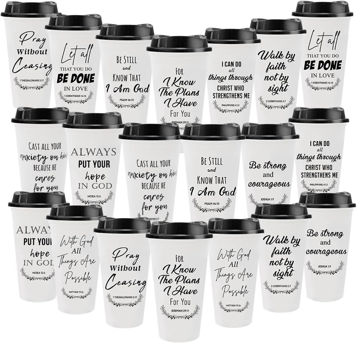 Paquete de 20 tazas cristianas reutilizables de 16 oz con versículo bíblico
