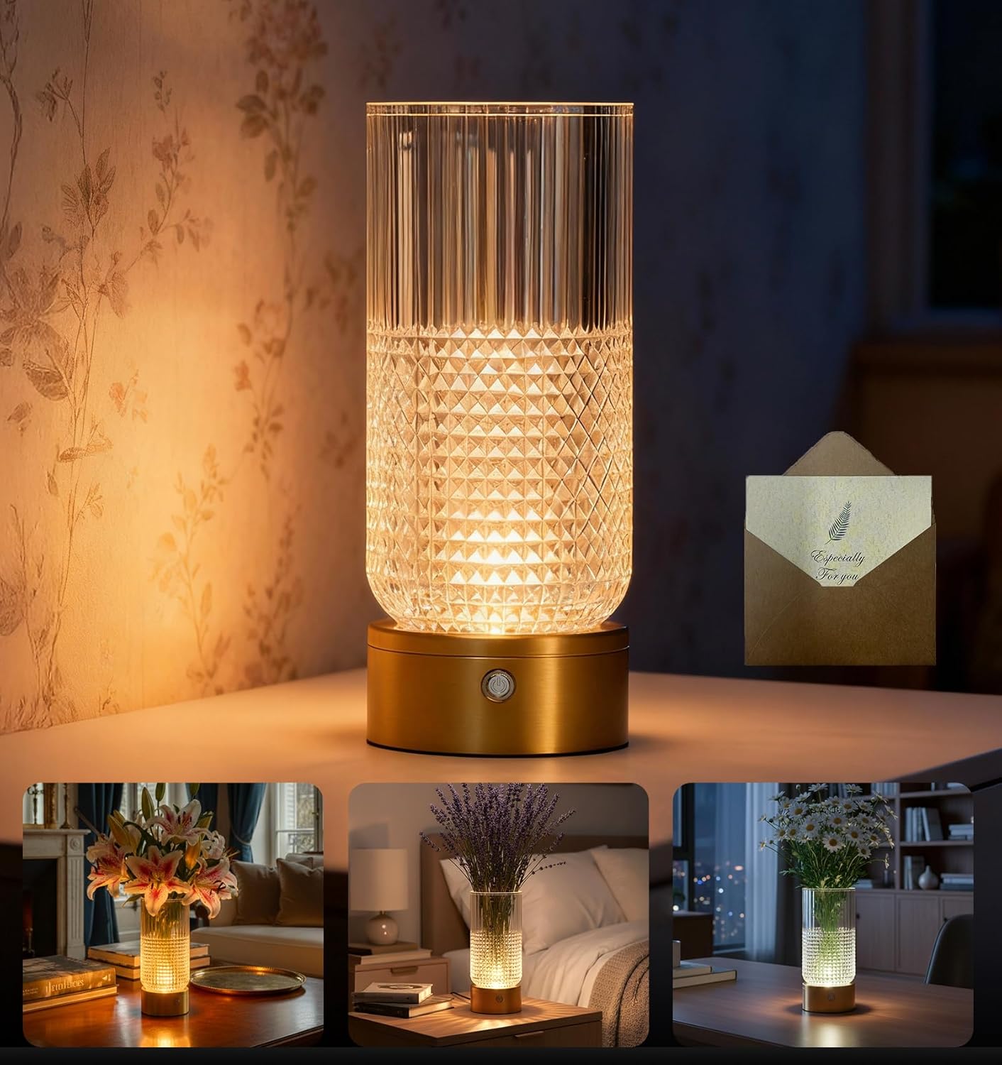 Lámpara mesa recargable LED tactil cristal 3 colores con florero