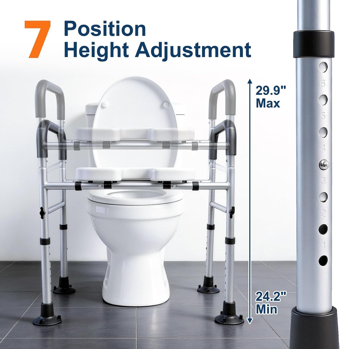 Asiento inodoro elevado ajustable con asas y reposabrazos