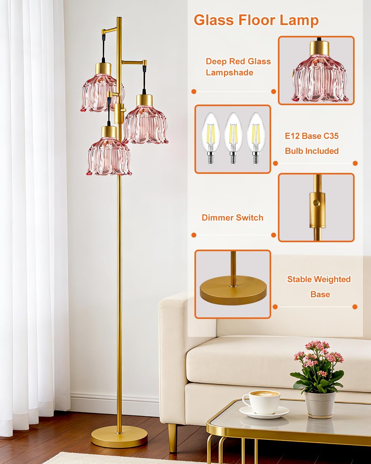 Lámpara pie 3 luces 65pulg pantalla cristal rosa E12 incluidas
