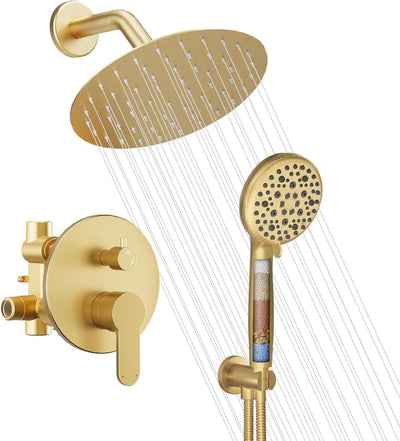 Sistema ducha dorado 8pulg cabezal lluvia y mano filtrado