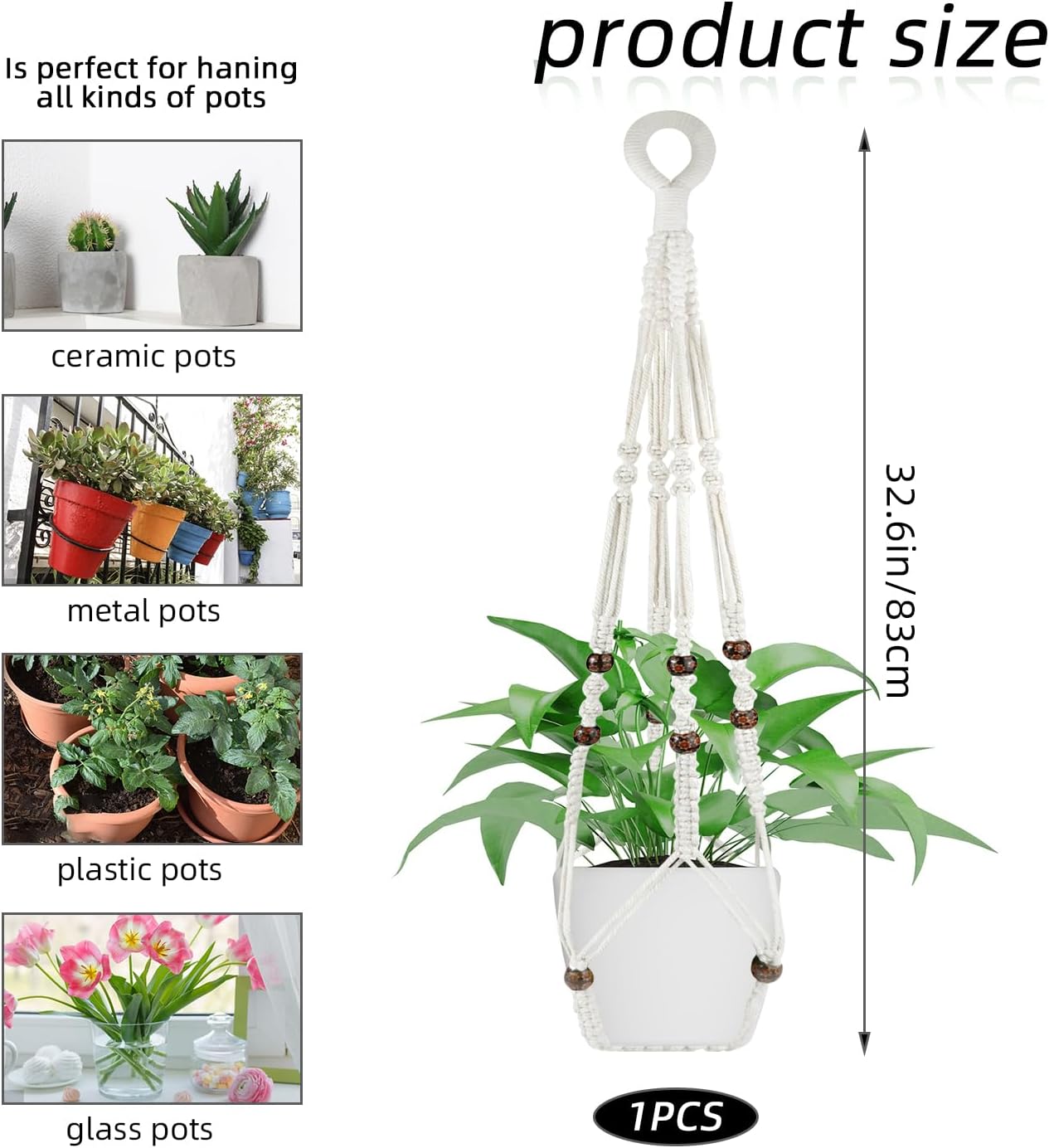 Colgador macramé para plantas 35pulg algodón madera