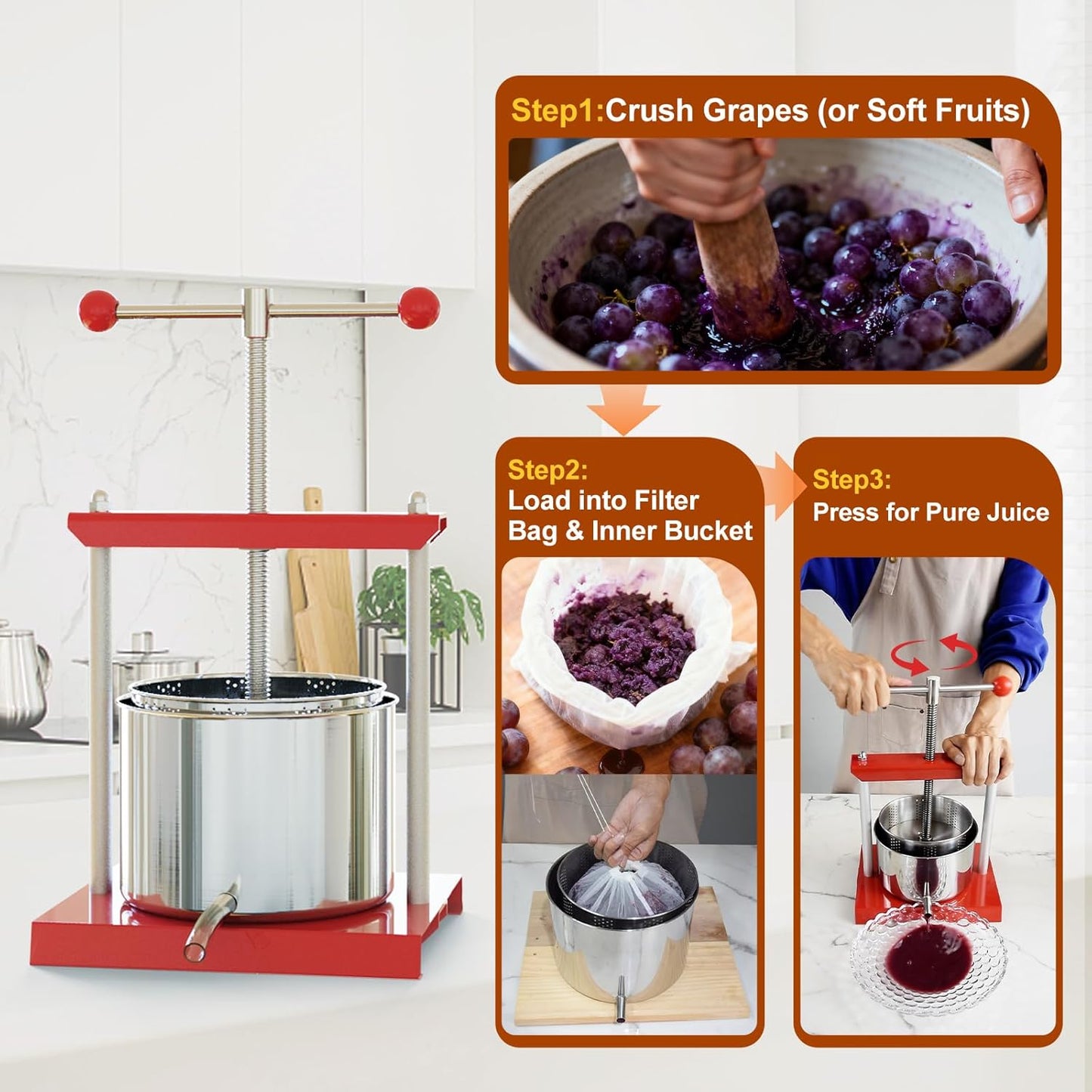Prensa manual acero inox extractor jugos 2 bolsas filtro