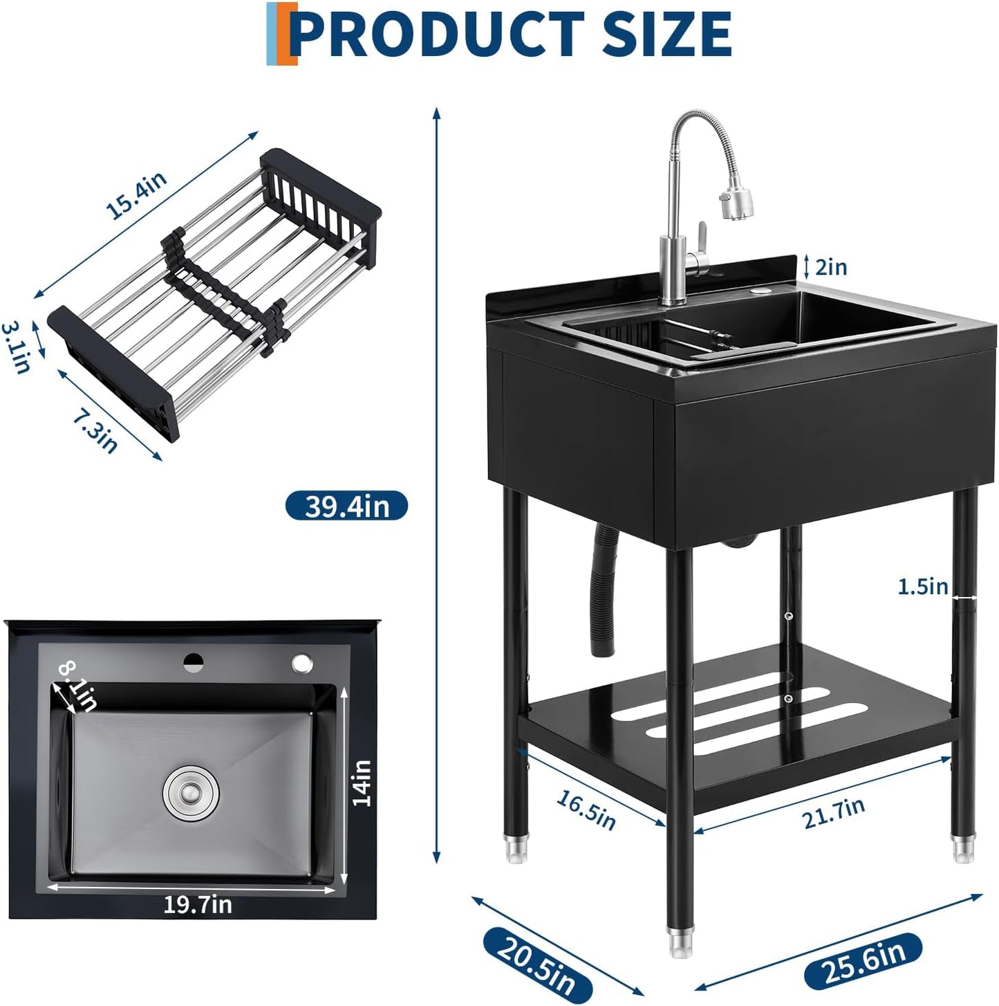 Fregadero acero inox utilitario con estante y patas ajustables
