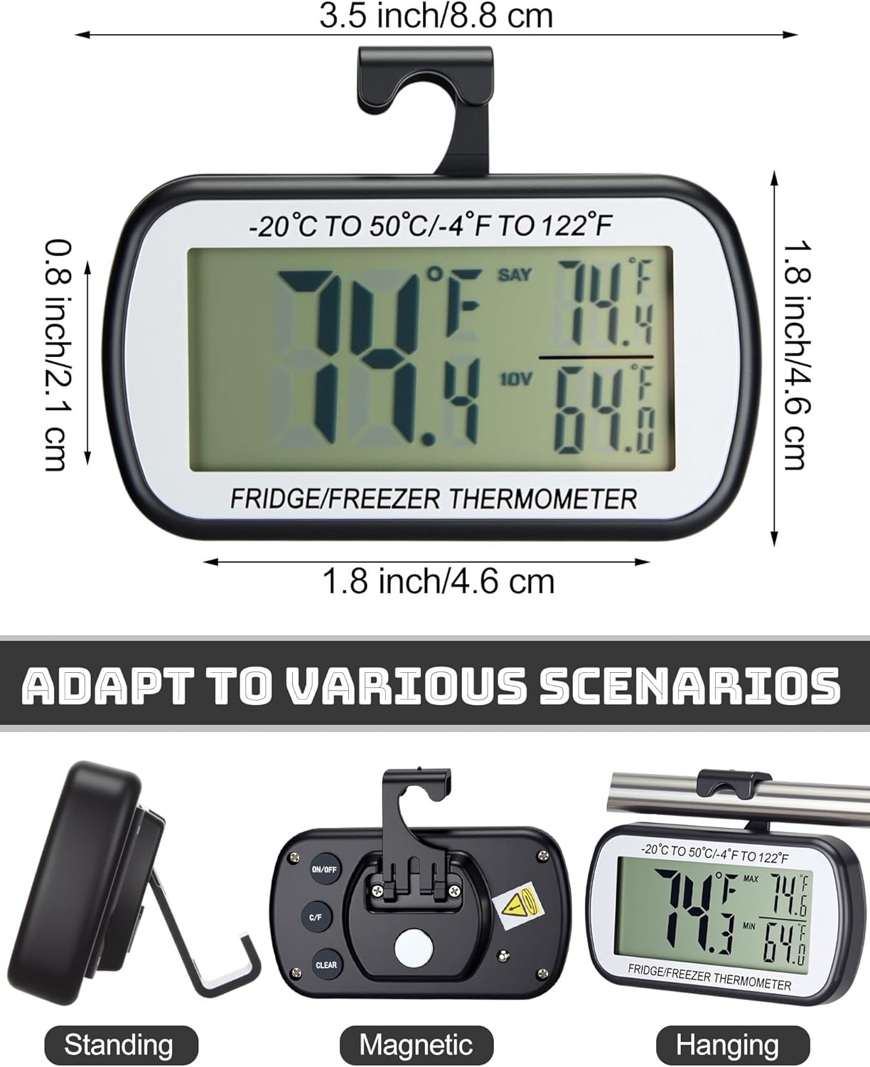 Termómetro digital negro para nevera, 12 unidades, impermeable, con función de grabación max/min