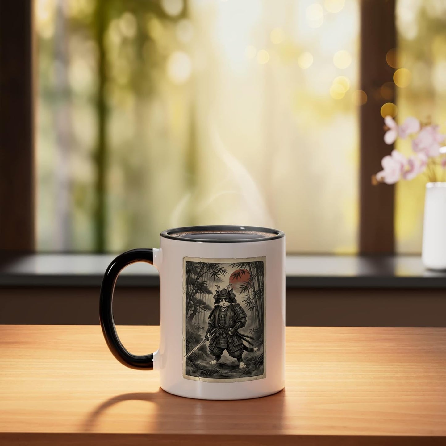 Taza cerámica artística japonesa Samurai Cat negra/blanca
