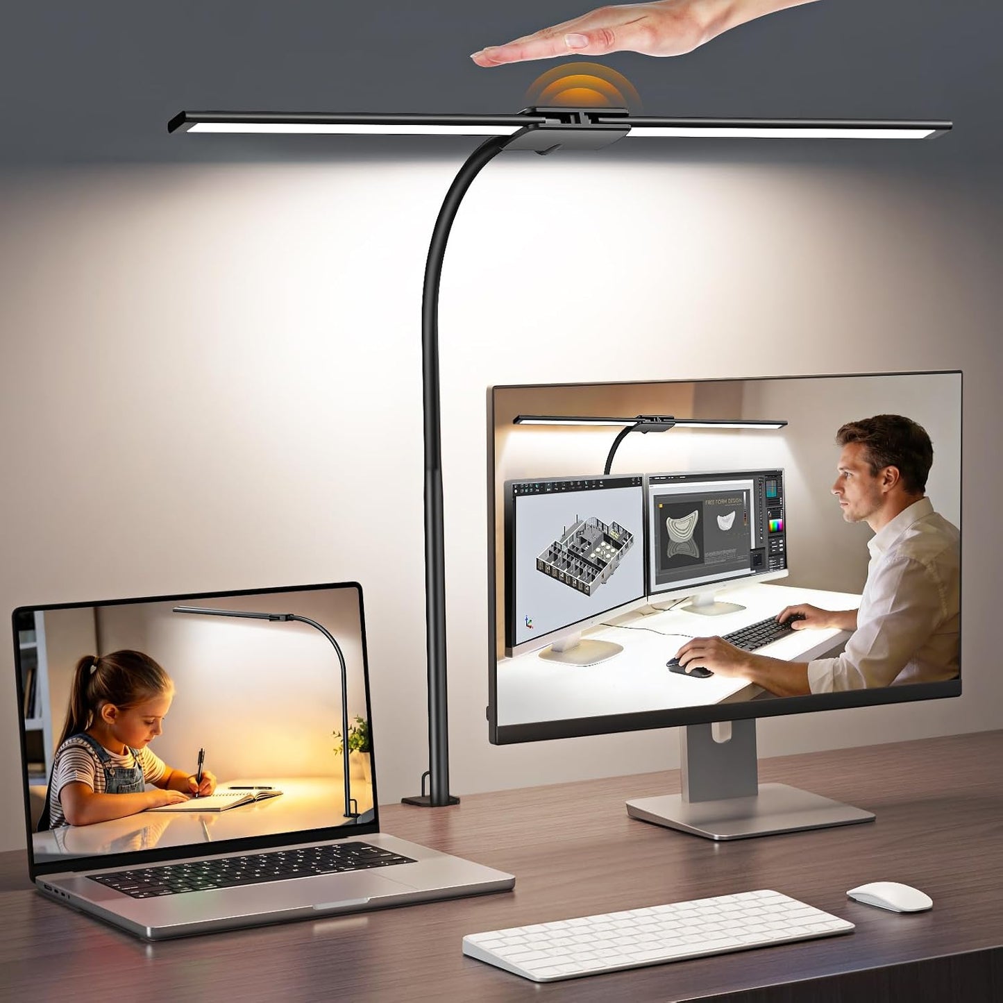 Lámpara LED escritorio doble cabezal cisne flexible gestos 50 modos