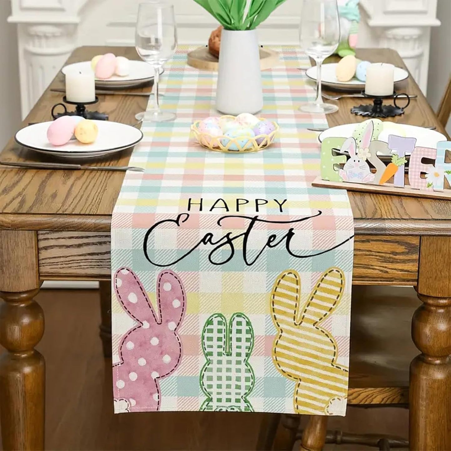 Camino mesa Pascua conejo a cuadros 13x72pulg decoración