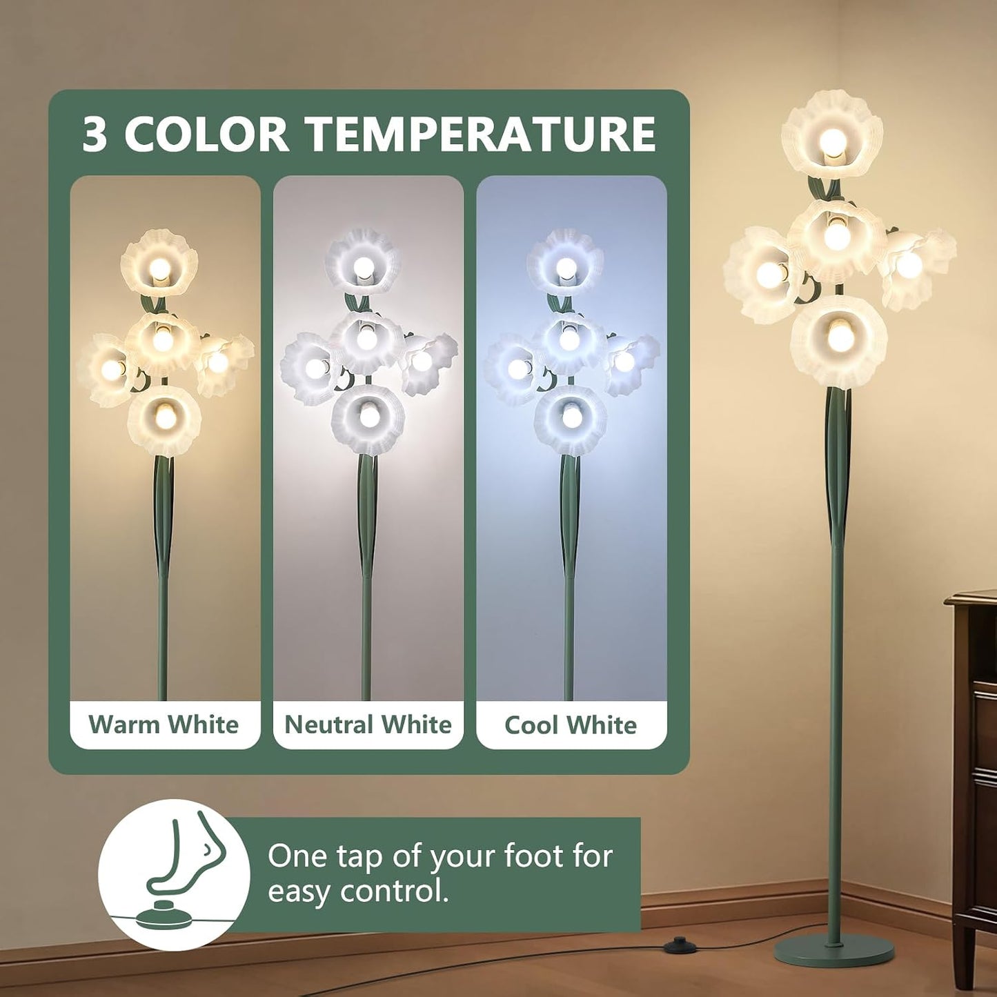 Lámpara de pie con flores LED 5 luces 3 tonos