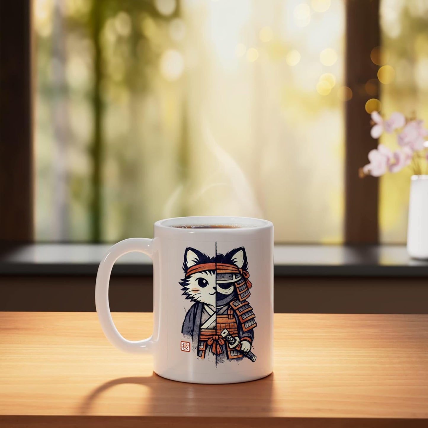 Taza Cerámica Gato Ninja Kawaii Samurai Blanco