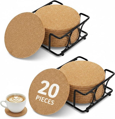 20 Posavasos Corcho con Soportes Metal Absorbentes Minimalistas