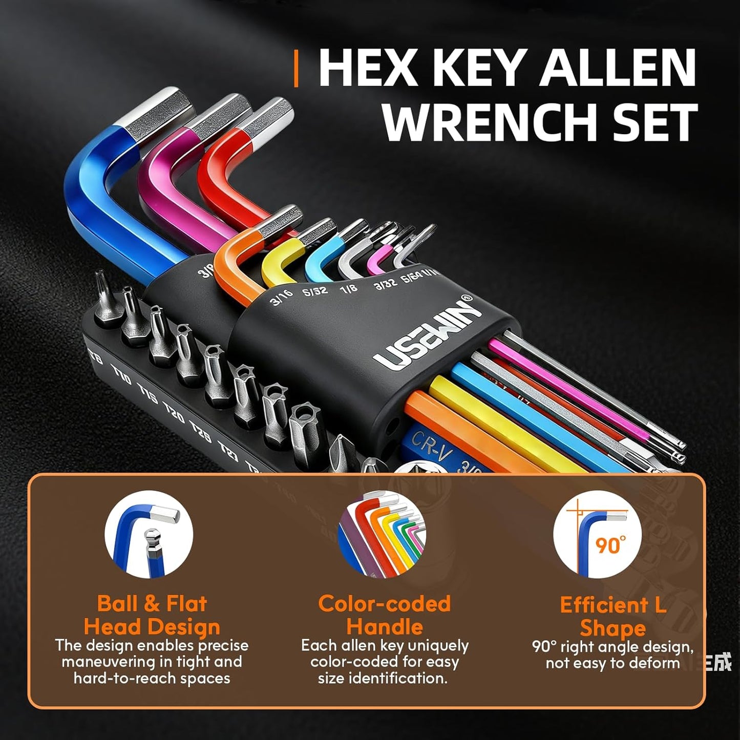 Set 20 llaves hex SAE Allen acero CR-V con brocas