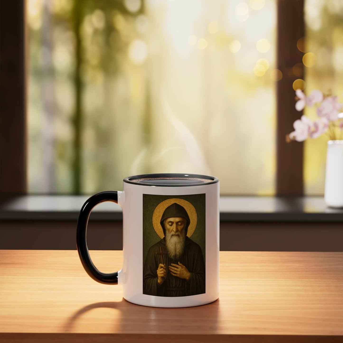 Taza cerámica de San Charbel icono católico negro/blanco
