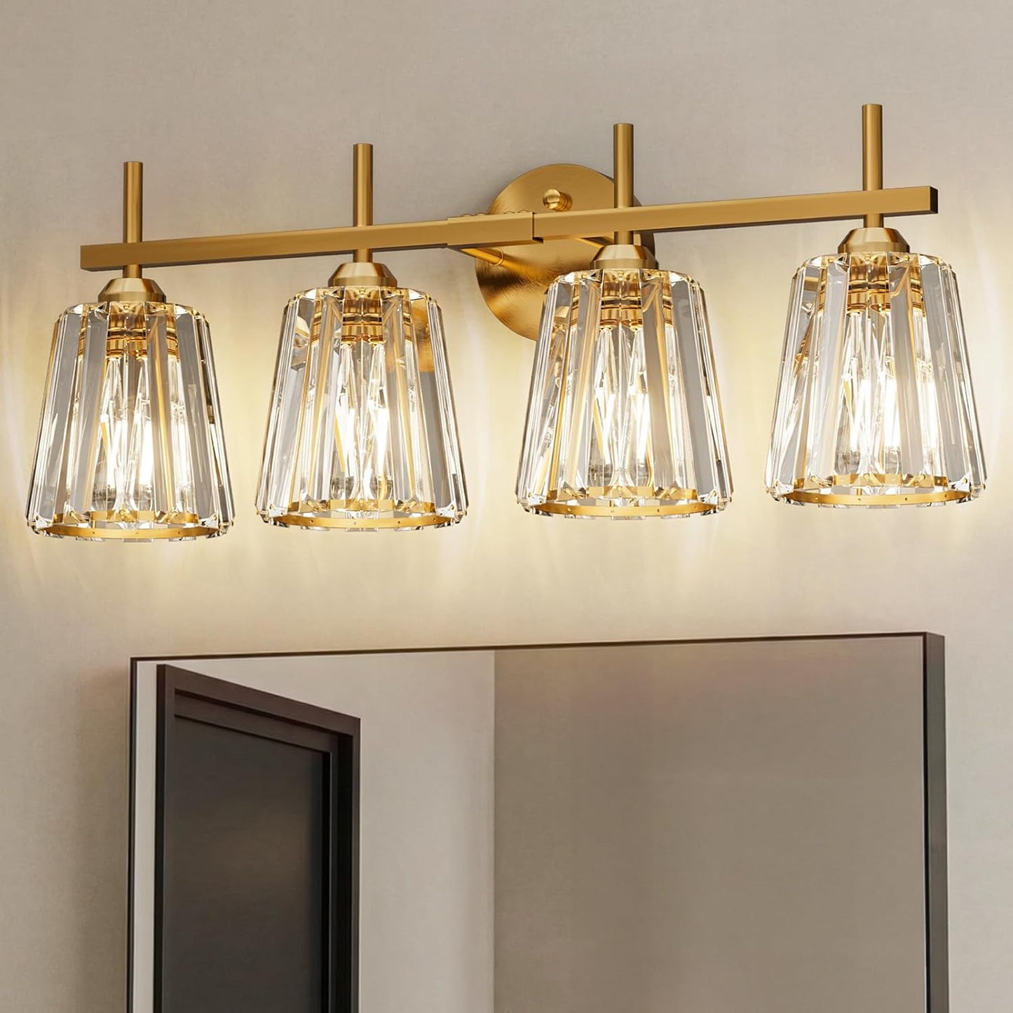 Lámpara baño cristal sobre espejo 4 luces doradas cerámica E26