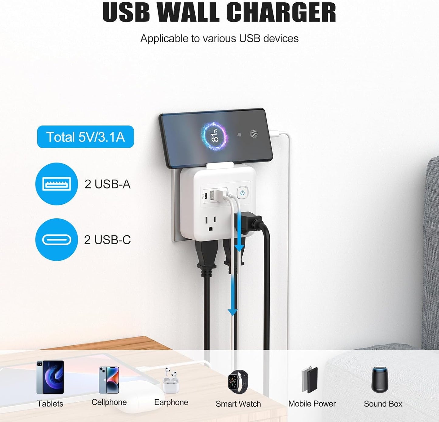 Extensor enchufe pared 4 salidas 2 USB-C 1875W con ranura telefono