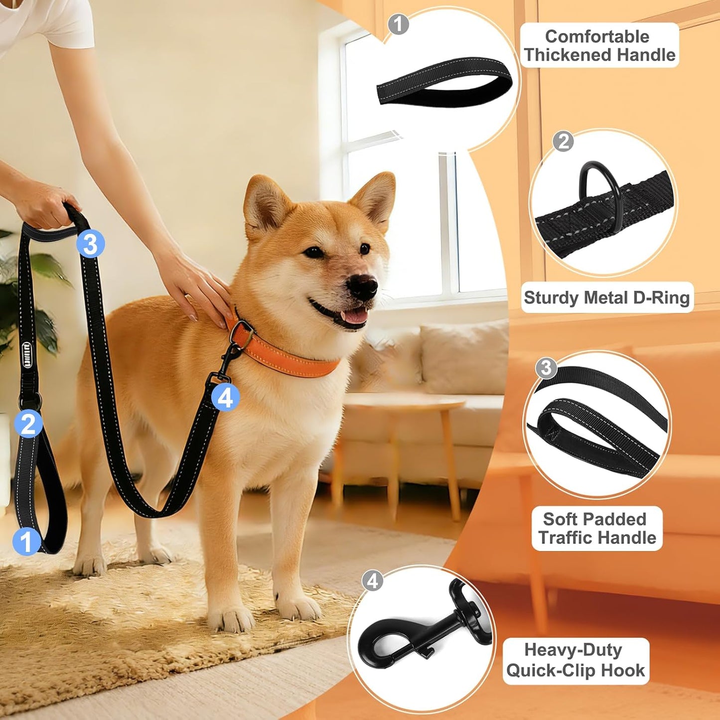 Correa perro 6ft 2 asas acolchadas mango tráfico reflectante negro