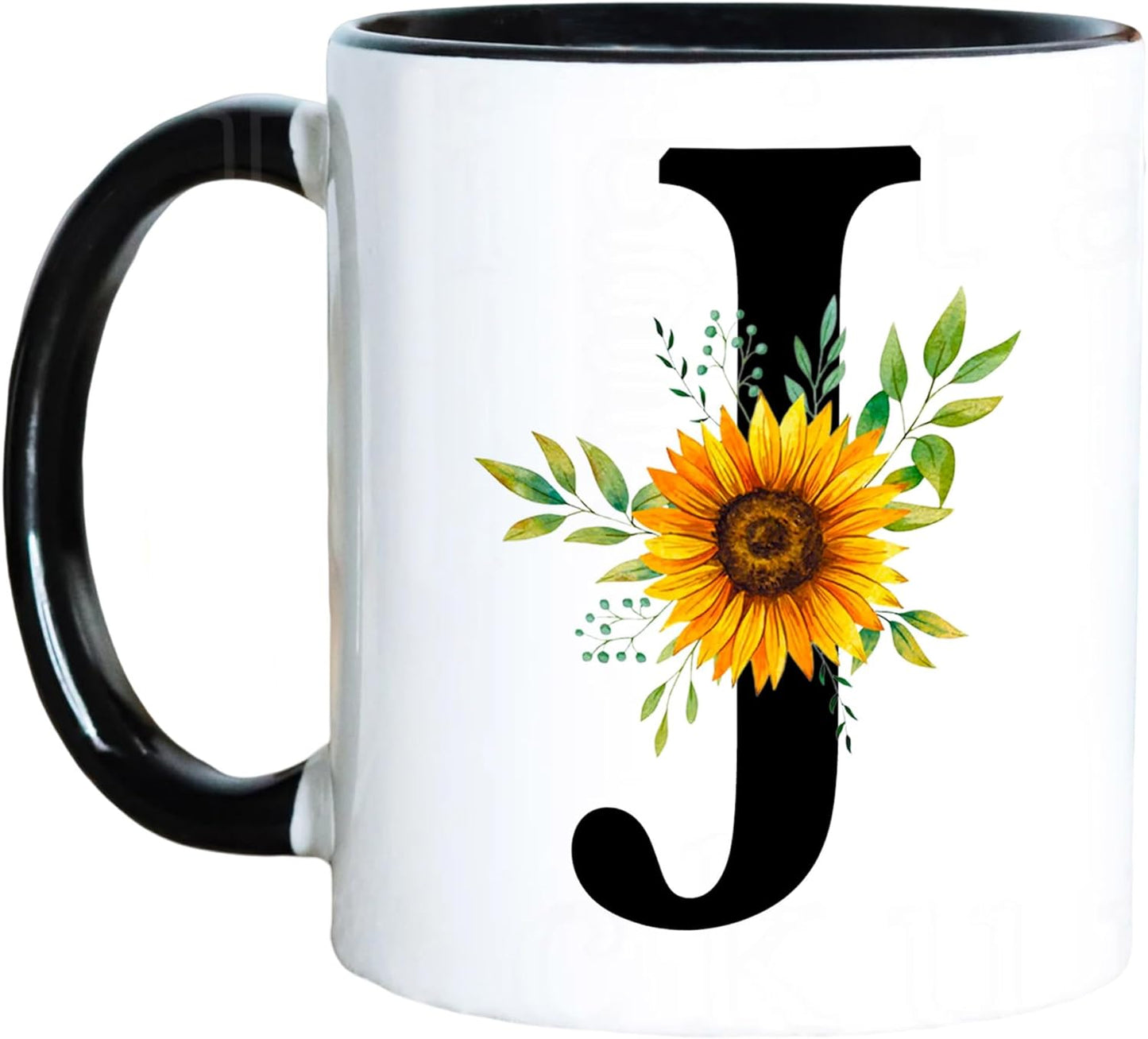 Taza de café de cerámica con monograma floral J, color negro, reutilizable