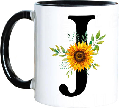 Taza de café de cerámica con monograma floral J, color negro, reutilizable