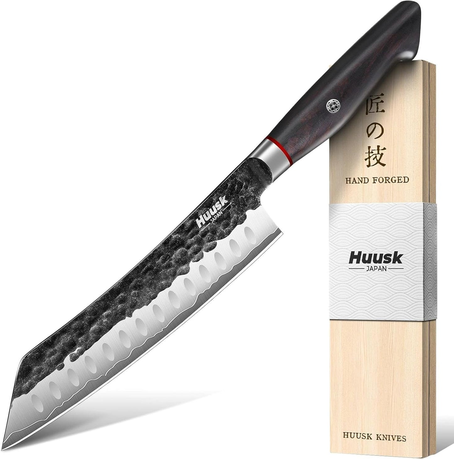 Cuchillo chef Santoku VG10 acero 8pulg mango ébano caja madera