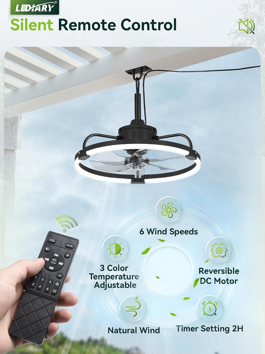 Ventilador techo exterior 20pulg luces IP65 enchufable app 6 vel