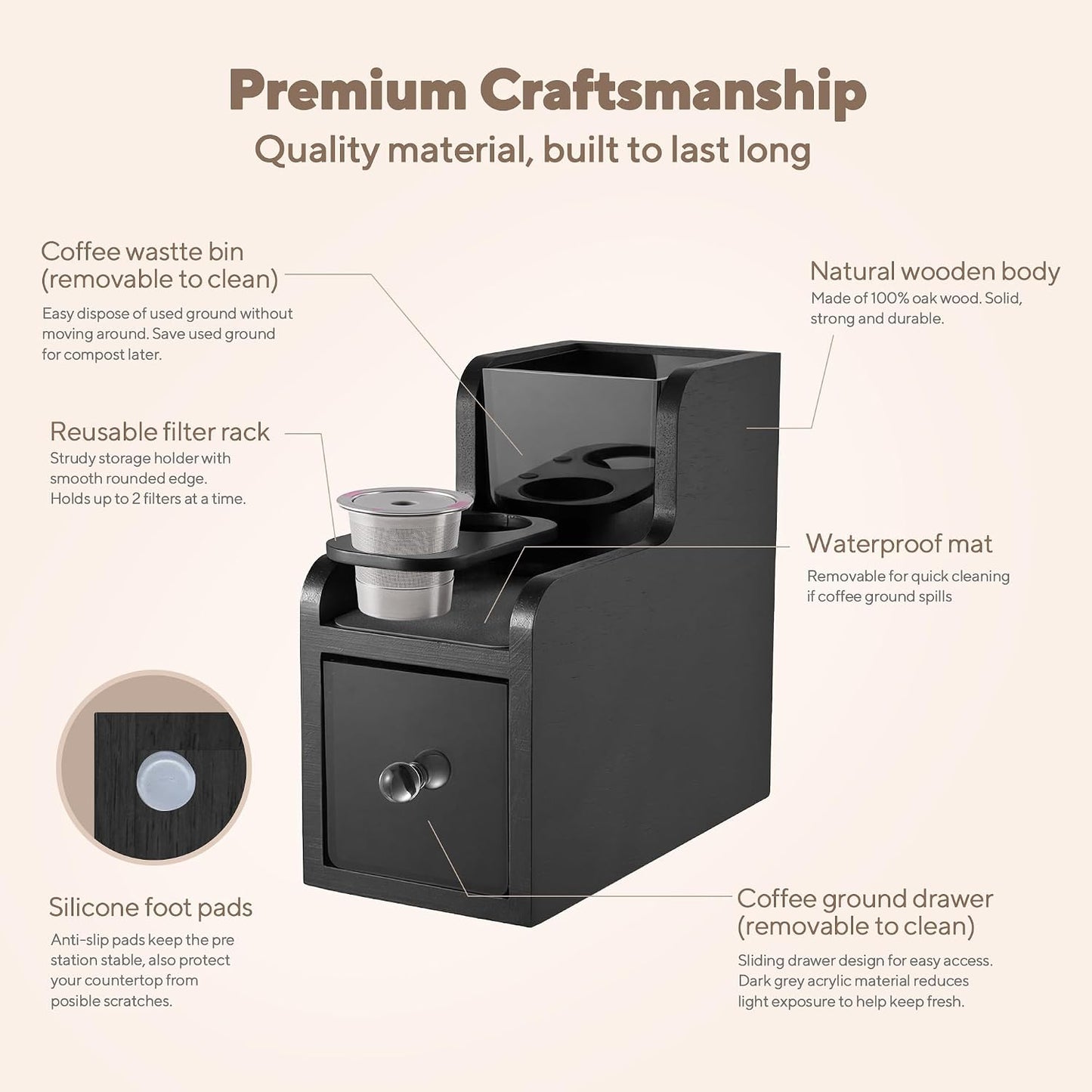 Soporte cafetera madera reutilizable con cajón y papelera