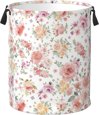 Cesta lavandería con flores rosas forro impermeable
