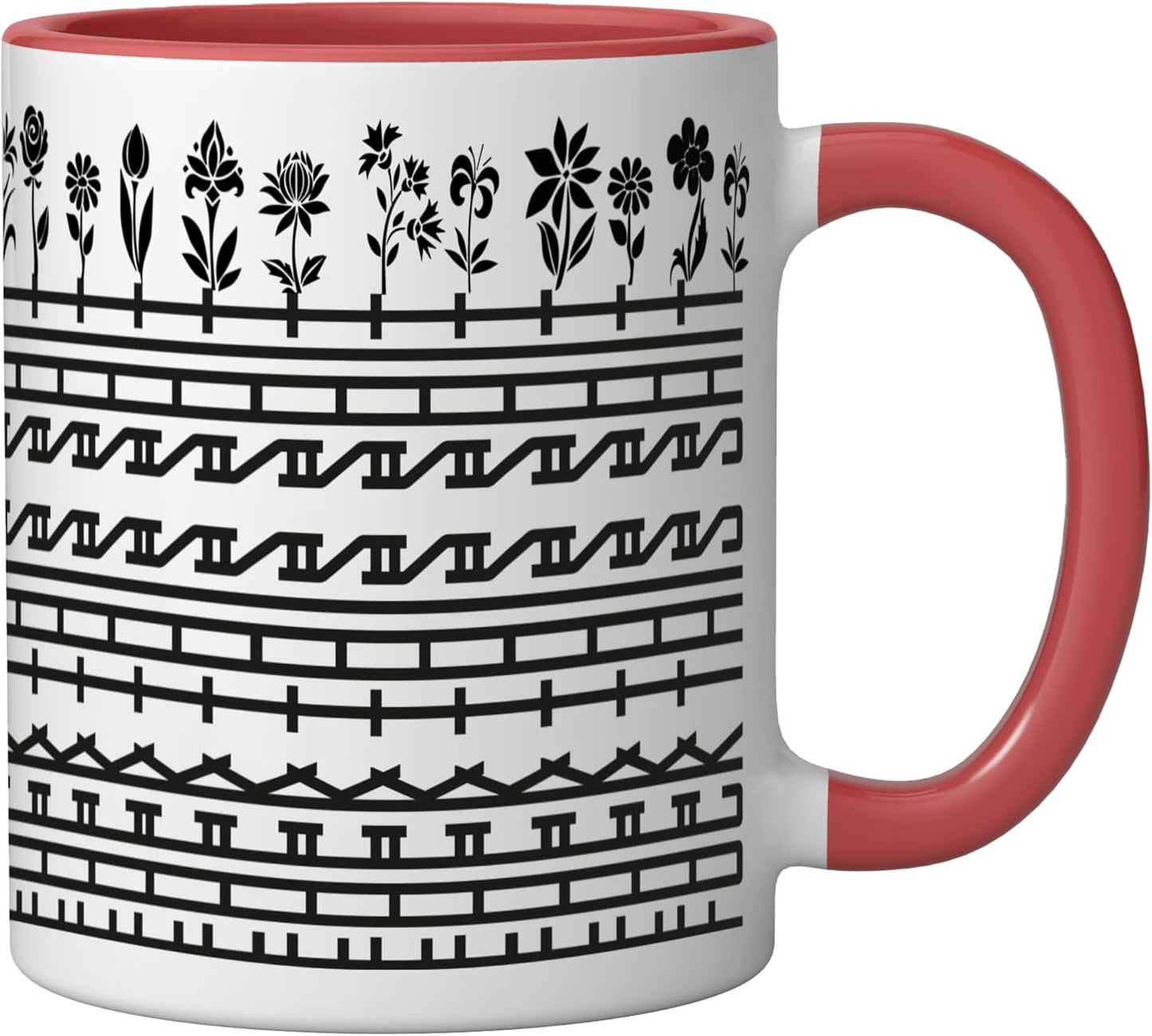 Taza de café cerámica con mensaje oculto humorístico floral rojo/blanco
