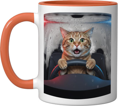 Taza Cerámica Gato Coche Meme Amante Gatos Naranja/Blanco