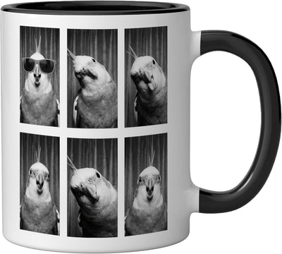 Taza cerámica de pájaro cockatiel con foto divertida negra/blanca
