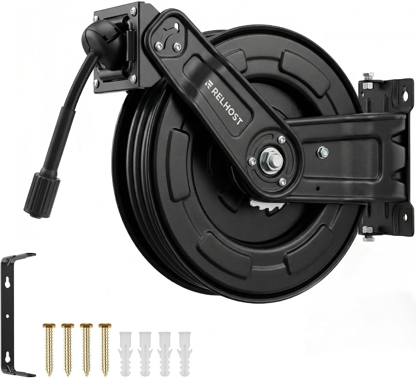 Carrete manguera lavadora 65ft x 1/4pulg acero brazos dobles