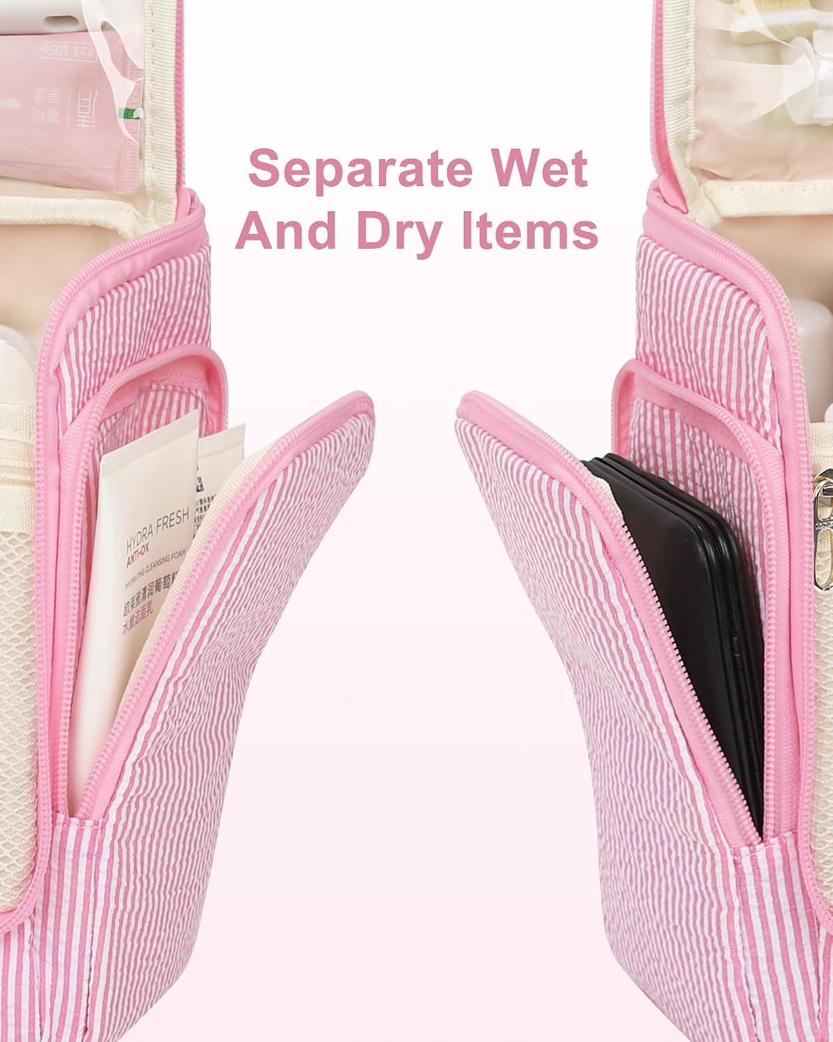 Neceser colgante rosa para maquillaje y viaje