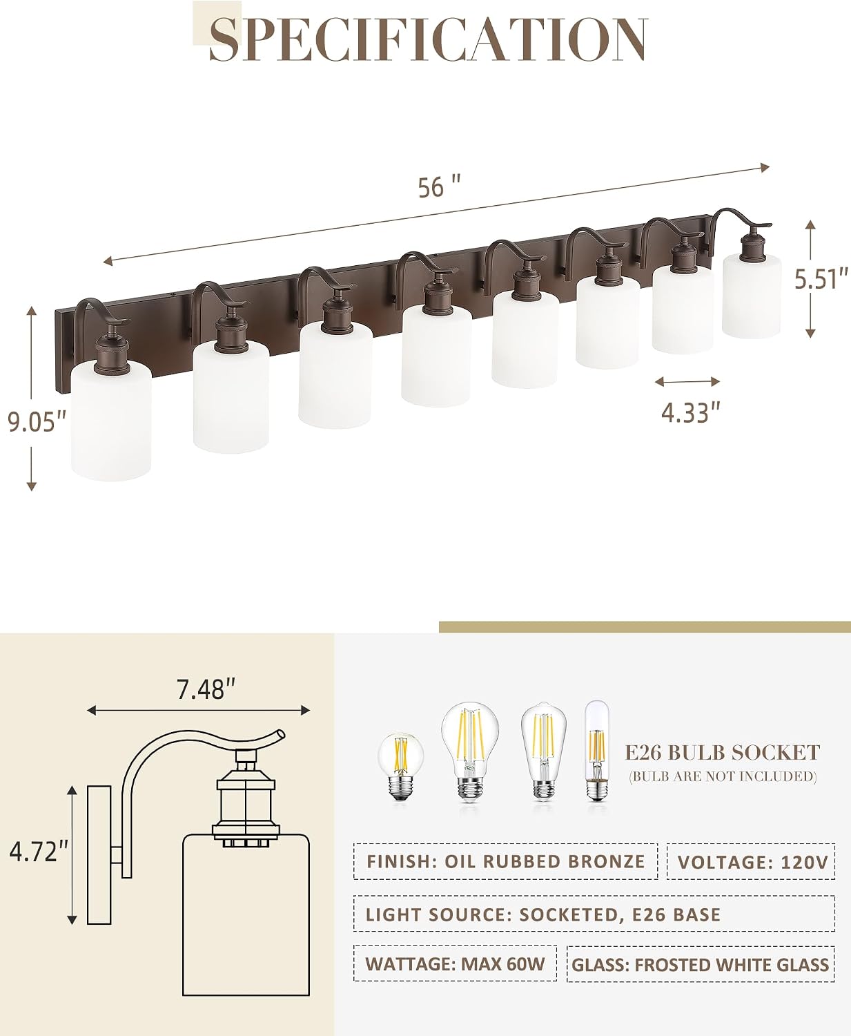 Lámpara baño 8 luces vidrio leche metal marrón aceitado