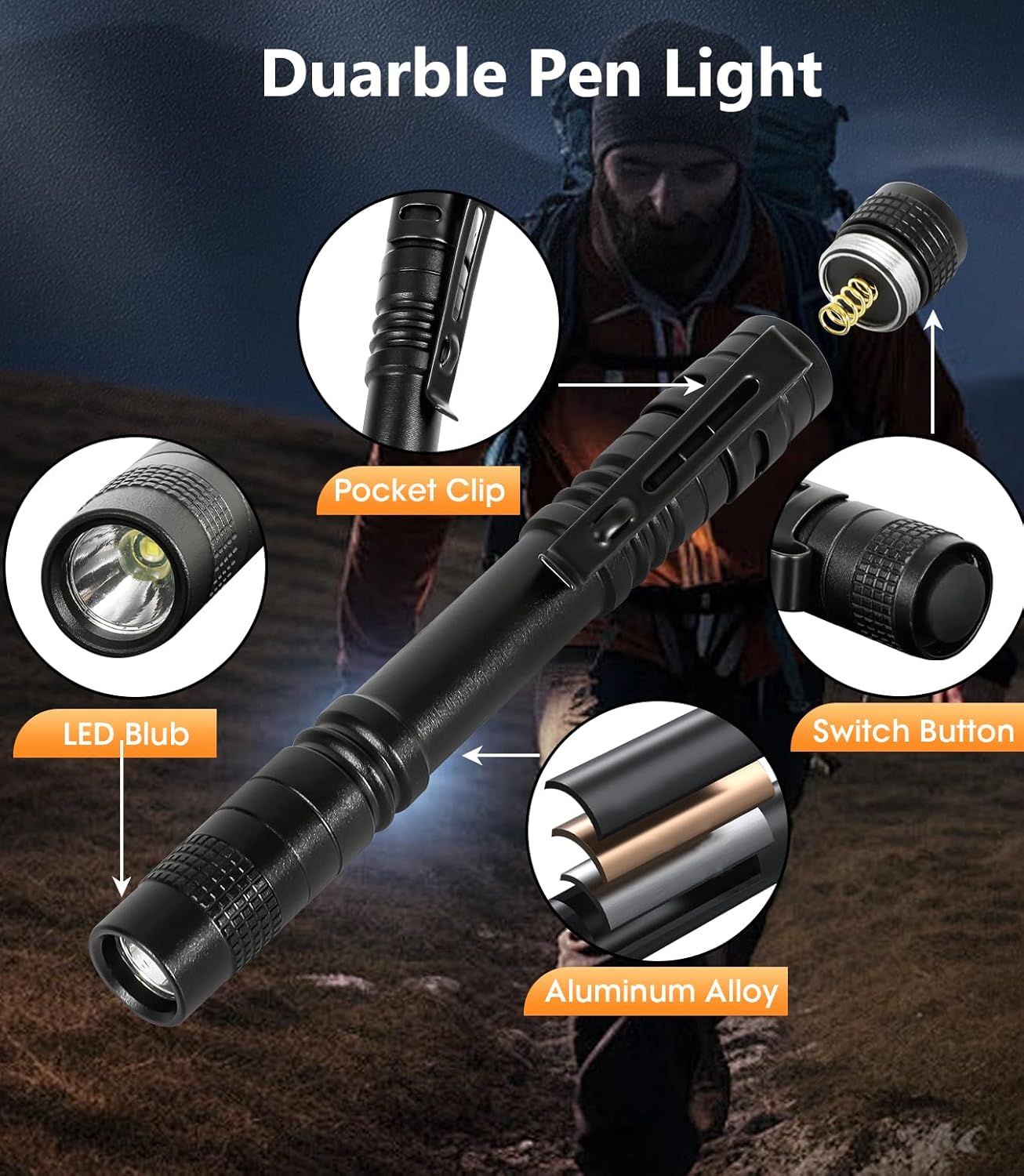 Linterna LED para bolígrafo 3uds con clip aluminio IPX4
