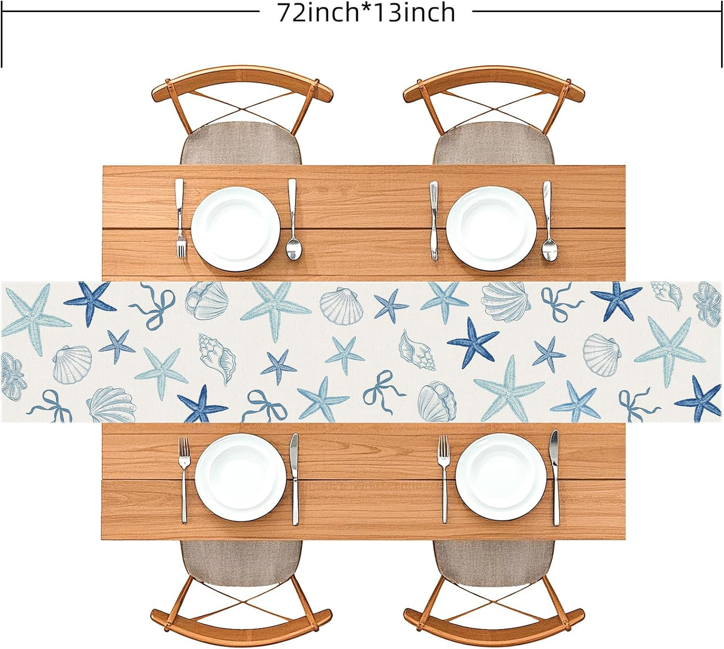 Camino mesa temática oceánica conchas azul y blanco 72x13pulg