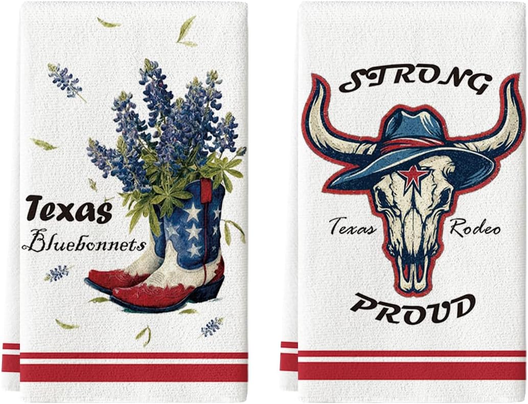 Juego de 2 toallas de cocina cowboy bluebonnets cow texas 18 x 26