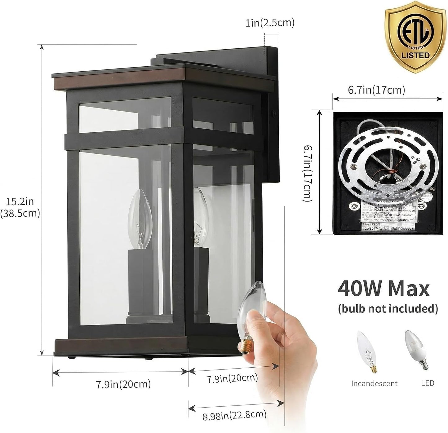 Lámpara pared porche 15pulg exterior impermeable grano negro