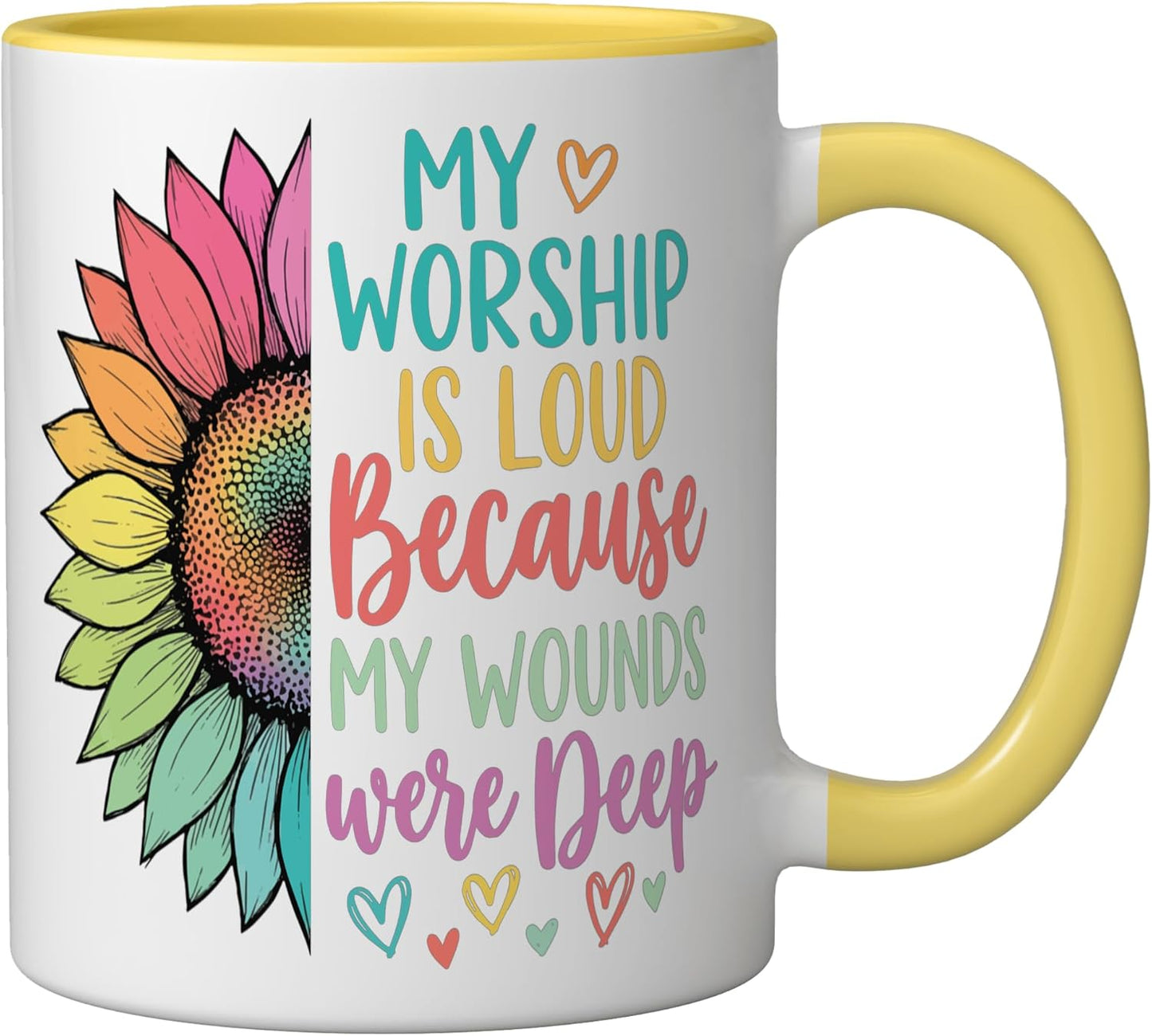 Taza de cerámica Mi adoración es fuerte porque mis heridas fueron profundas amarillo/blanco