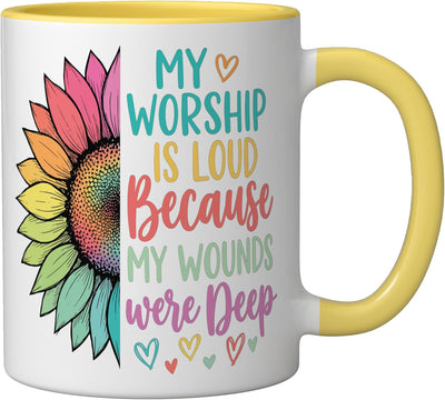 Taza de cerámica Mi adoración es fuerte porque mis heridas fueron profundas amarillo/blanco