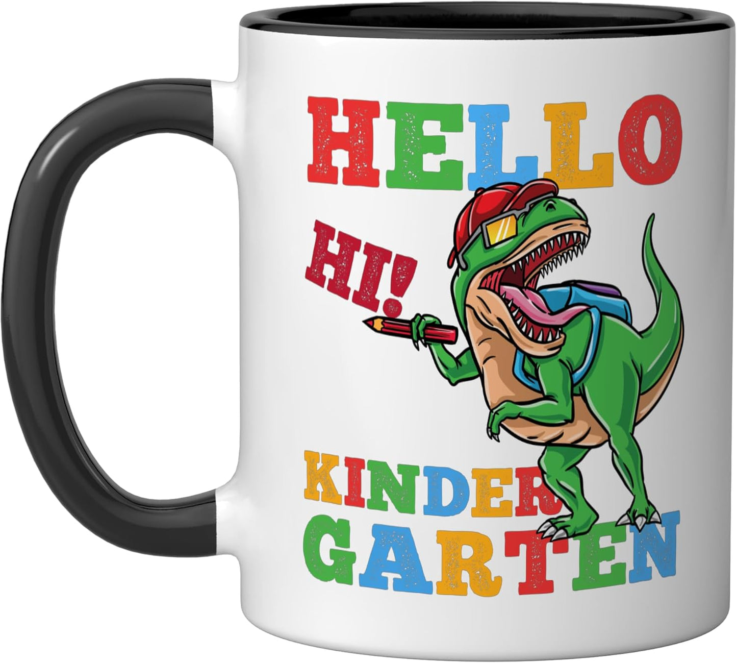 Taza para niños T-Rex dinosaurio Hello kindergarten negro/blanco