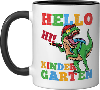 Taza para niños T-Rex dinosaurio Hello kindergarten negro/blanco