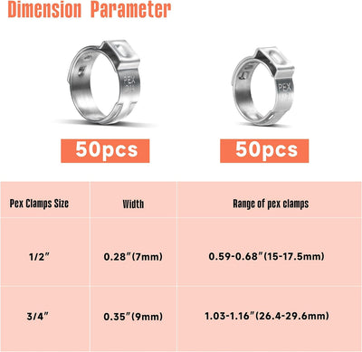 100 Anillos Crimpado Pex 1/2 y 3/4 pulg Acero Inox 304