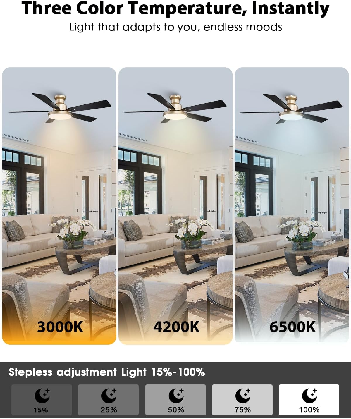 Ventilador techo bajo 52pulg con luz LED color dorado