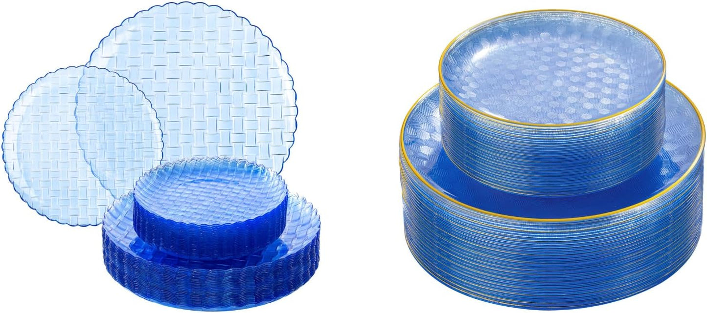 60 Pzas Platos Plástico Azul Claros Ondulados Bordes Dorados