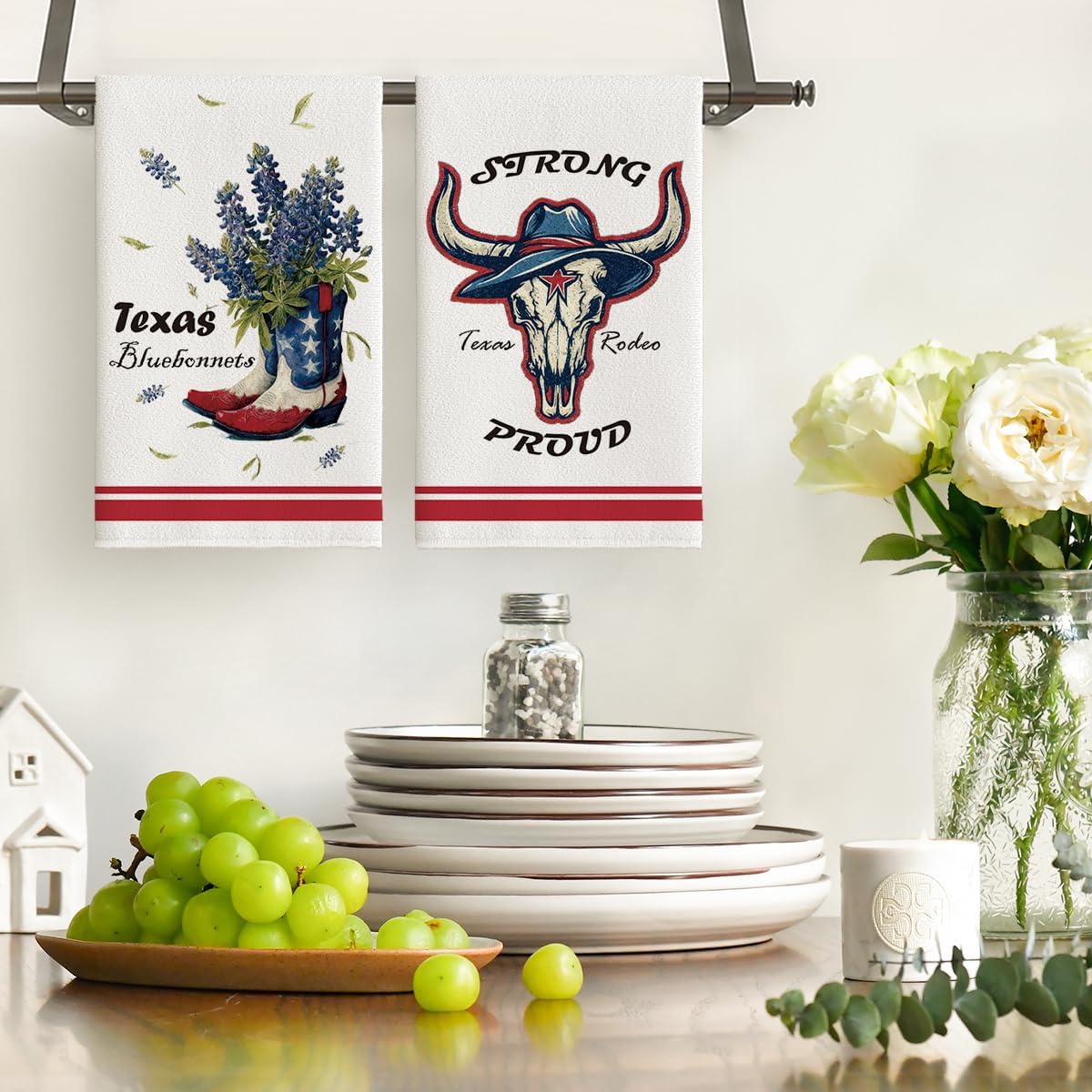 Juego de 2 toallas de cocina cowboy bluebonnets cow texas 18 x 26