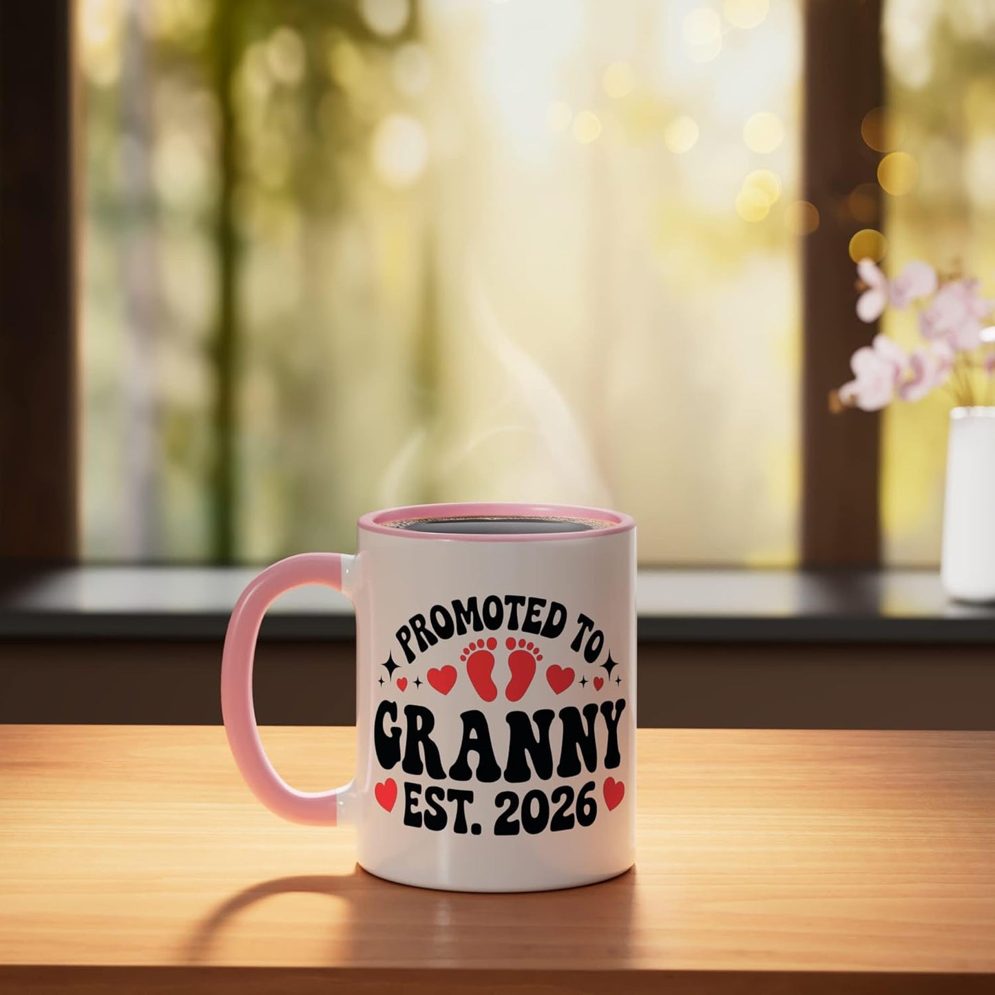 Taza cerámica para bebé con mensaje de felicitaciones rosa/blanco
