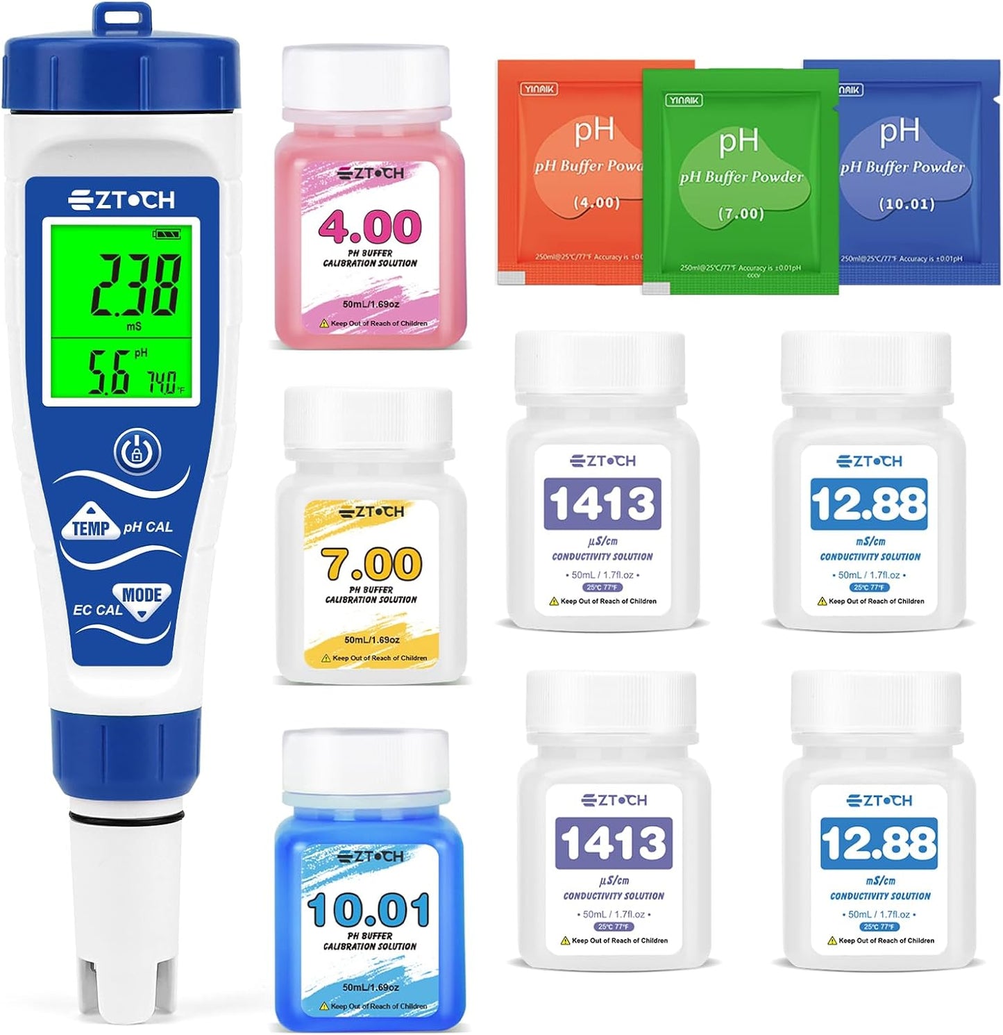 Medidor pH Cloro Salinidad EC TDS ORP con soluciones calibración