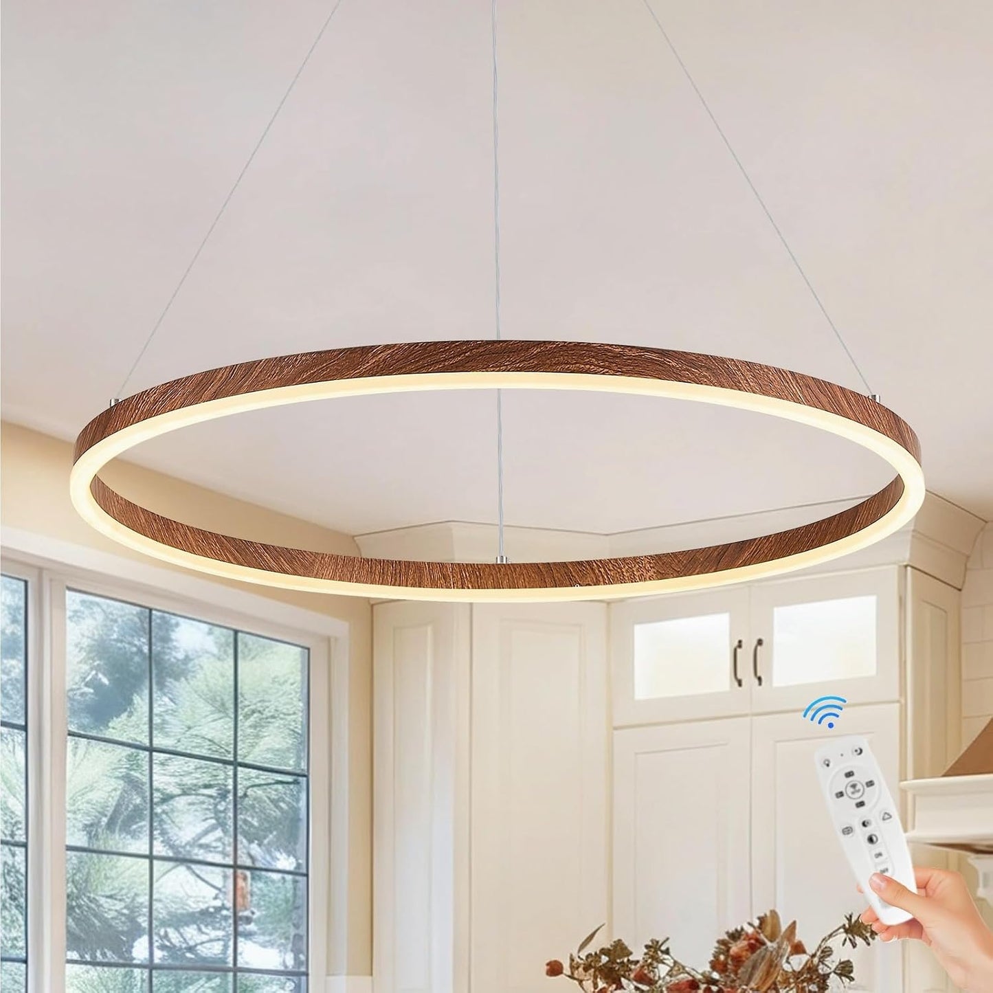 Candelabro LED 24pulg redondo acabado madera luz regulable