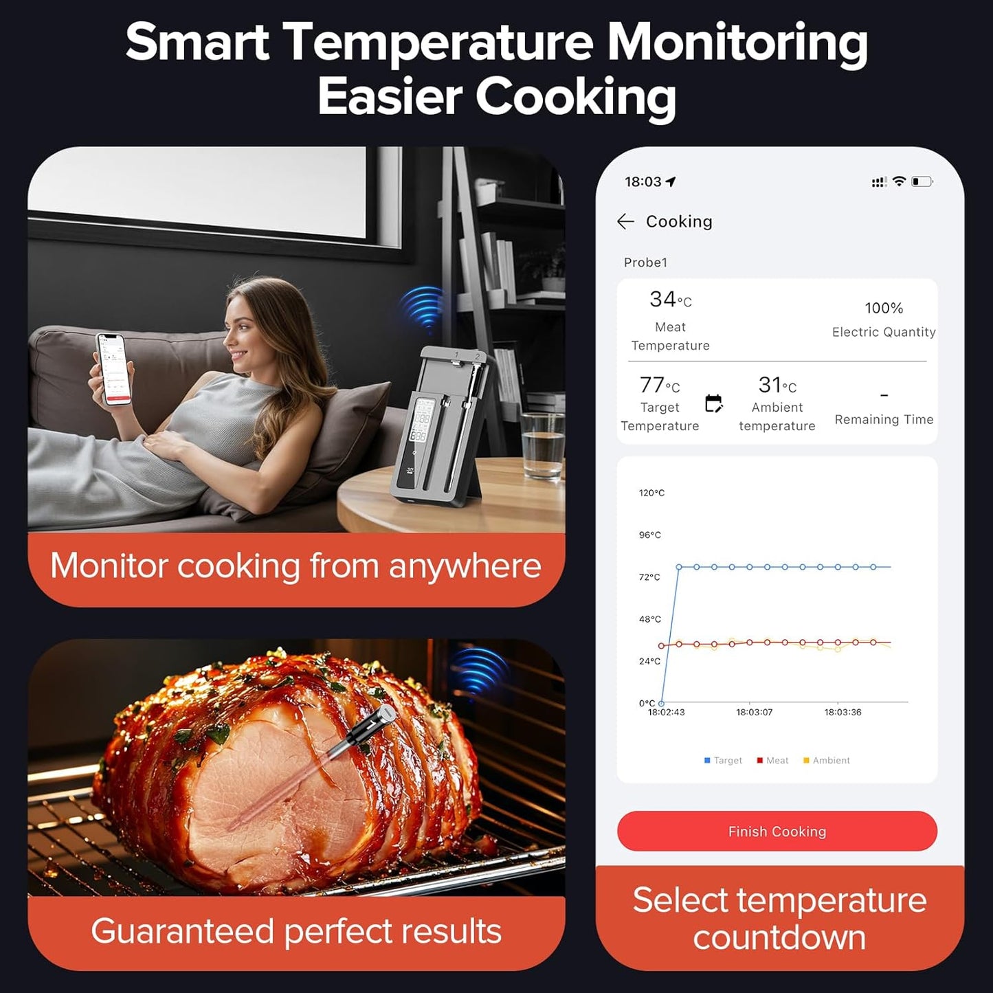 Termómetro carne inalámbrico con doble sonda BT/WiFi alta precisión