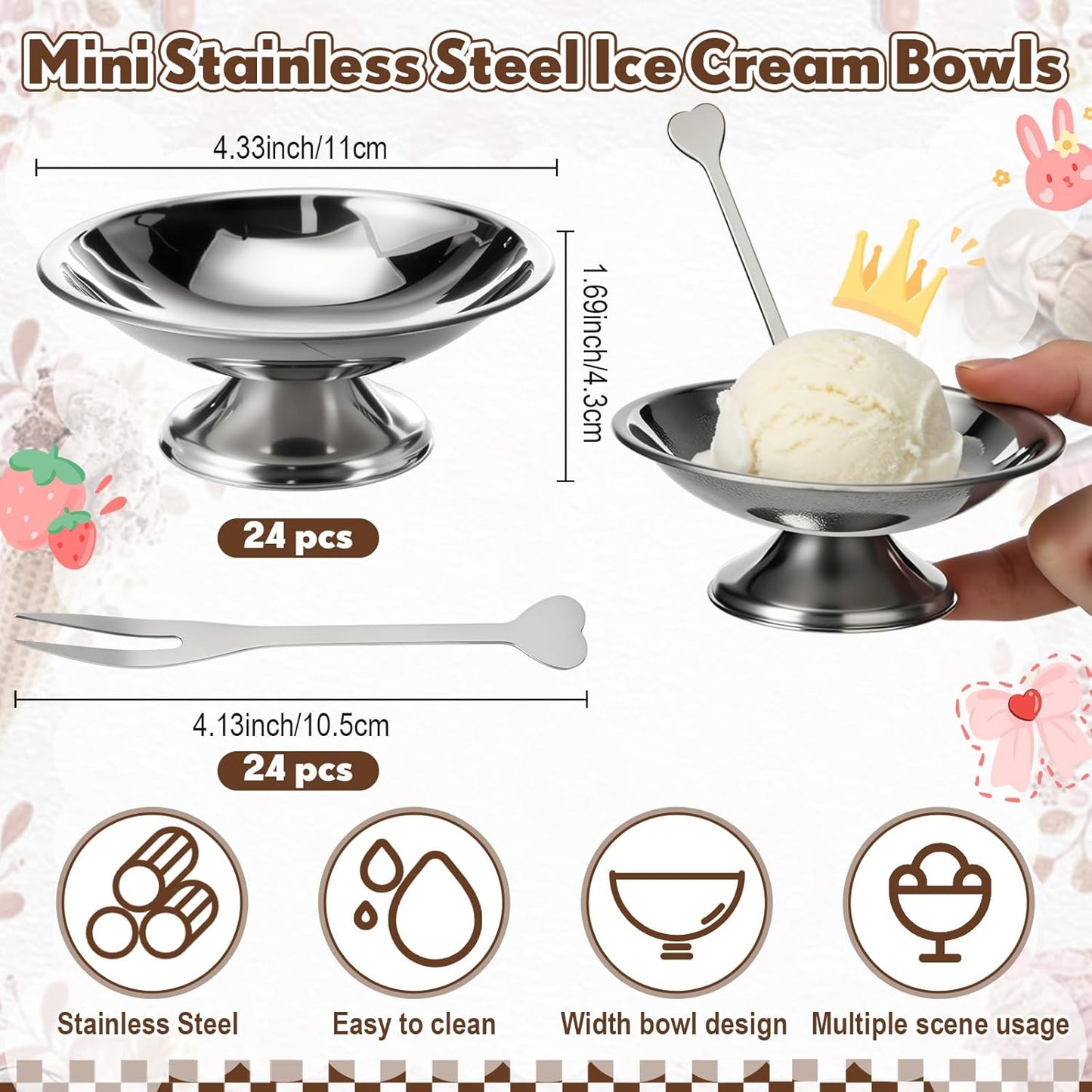 24 Cuencos Acero Inox Mini Tazas Postre Plateadas con Patas